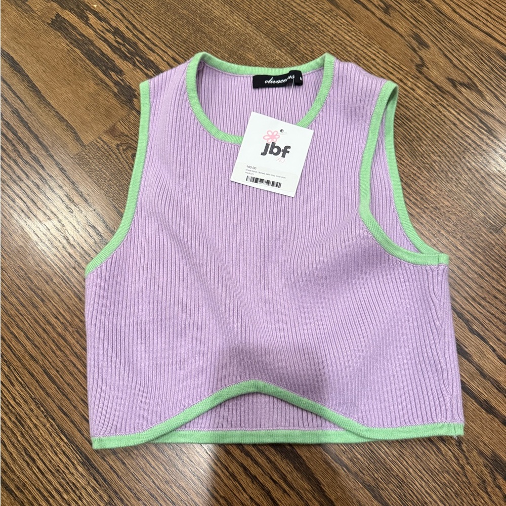 Sleeveless Ribbed Crop Tank with Contrast Trim - Lavender/Green